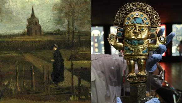 A la izquierda, “El jardín de la casa parroquial en Nuenen en primavera" de Vincent van Gogh (1884), robado el 30 de marzo del Singer Laren Museum, Amsterdam. A la derecha un tumi del Museo de Oro del Perú. En 1981, uno de estos tesoros peruanos fue robado, fundid y vendido. Fotos: AFP/ El Comercio.