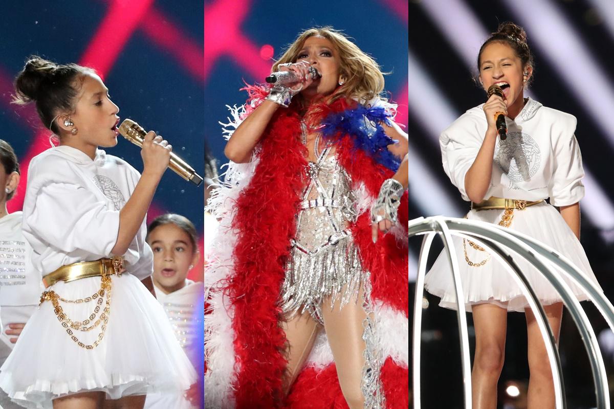 Emme, la hija de 11 años de edad de Jennifer Lopez junto a Marc Anthony, durante su debut musical en el Super Bowl 2020.