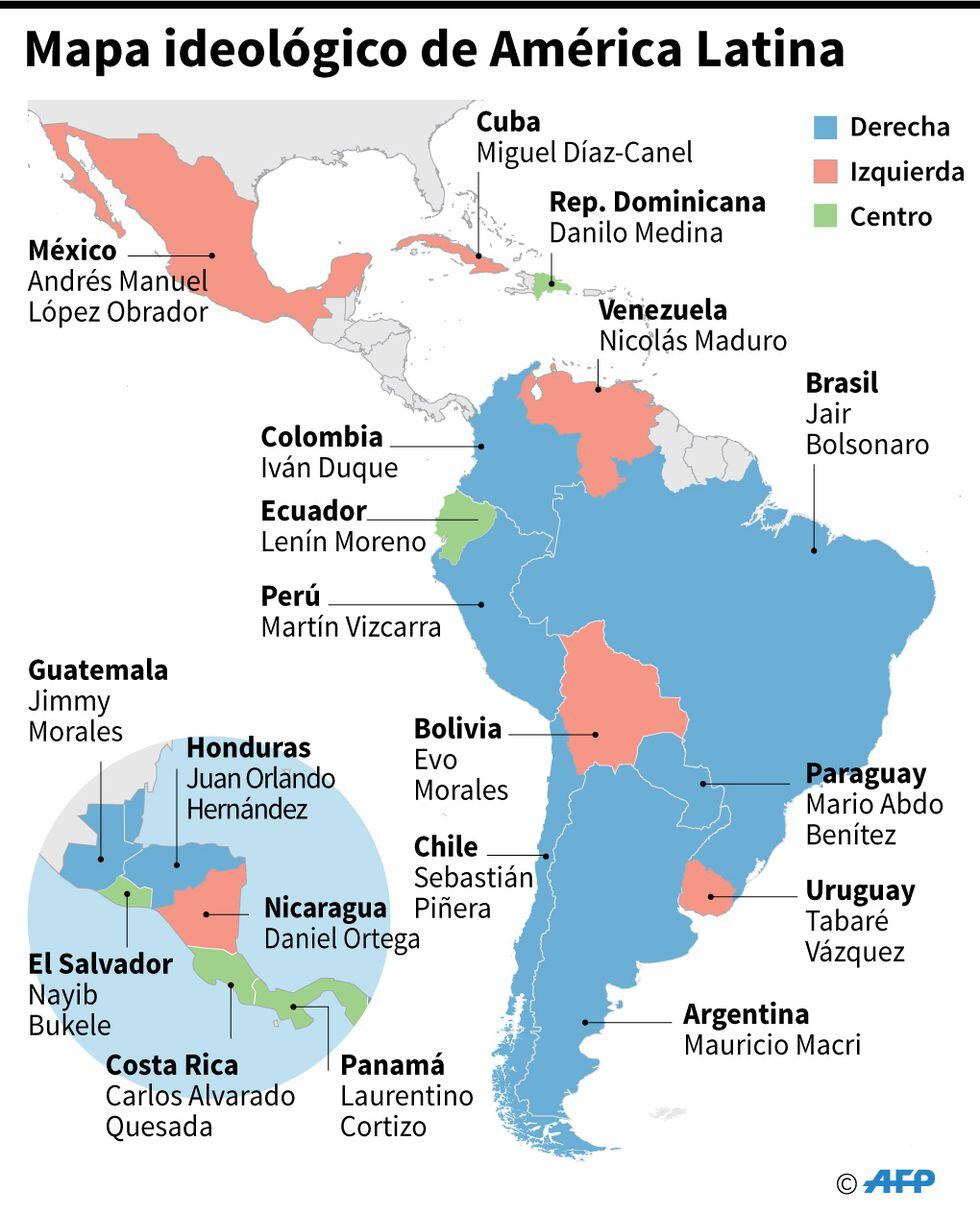 Mapa que describe la ideología política de los países de América Latina, previo a las elecciones presidenciales en Bolivia (20 de octubre), Argentina y Uruguay (27 de octubre). (AFP)