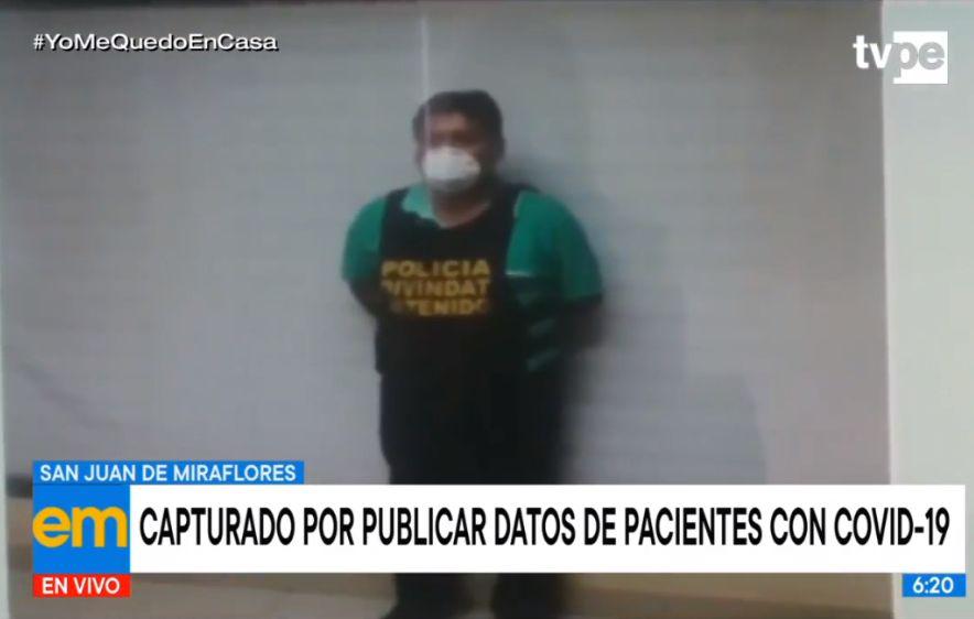 John Aurelio Zegarra Bonifacio fue detenido tras ser acusado de difundir datos de pacientes con COVID-19. (Foto: Captura TV Perú)