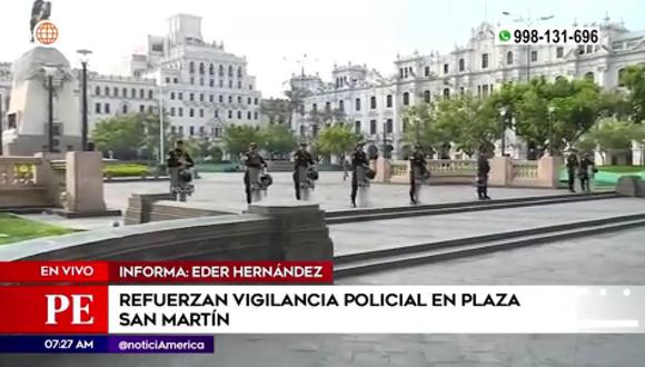 La Policía Nacional del Perú resguarda la Plaza San Martín. (Foto: América Noticias)