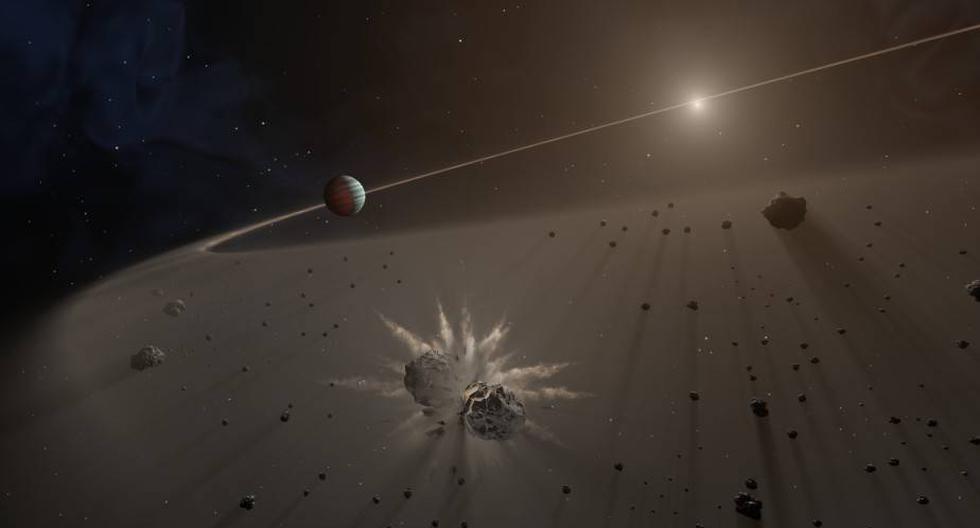 NASA | Ilustración que muestra un gran exoplaneta la colisión de pequeños cuerpoos en un disco de polvo. (Foto: NASA/JPL-Caltech)