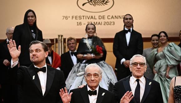 Leonardo Dicaprio, Martin Scorsese y Robert de Niro en el estreno de "Killers of the Flower Moon" en Cannes 2023 (Foto: AFP)