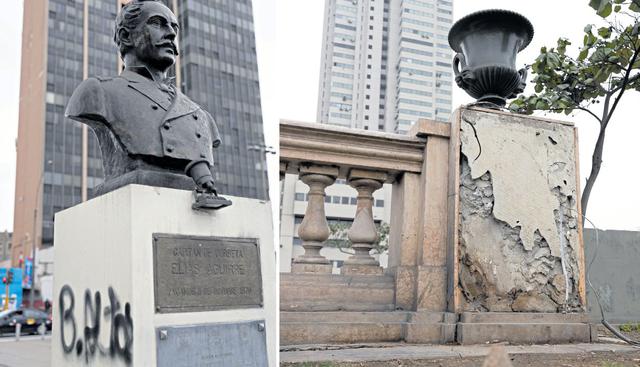 El busto dedicado a Elías Aguirre luce vandalizado. Estructuras de mármol no han recibido mantenimiento y se encuentran rotas. La Municipalidad de Lima ya había sido advertida en el 2017. (Foto: Renzo Salazar)