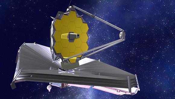TO GO WITH AFP STORY BY  Boris CAMBRELENG
Undated handout computer generated image released by aerospace company EADS subsidiary Astrium shows the James Webb Space Telescope (JWST) that will be launched in 2014. It will be equipped with the Near-Infrared Spectrograph NIRSpec, that is able to observe the birth of stars.    AFP PHOTO HO / ASTRIUM    RESTRICTED TO EDITORIAL USE (Photo by ASTRIUM / HO/ ASTRIUM / AFP)