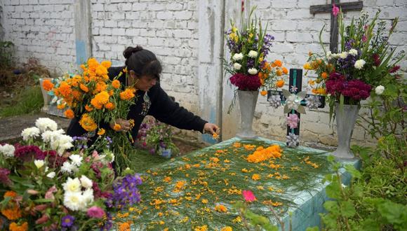 Una mujer coloca flores de cempasúchil en una tumba antes de la celebración del Día de Muertos (Foto: AGUSTIN PAULLIER / AFP)
