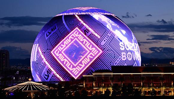 The words Super Bowl are displayed on the Sphere arena ahead of Super Bowl LVIII in Las Vegas, Nevada on February 7, 2024. (Photo by Patrick T. Fallon / AFP)