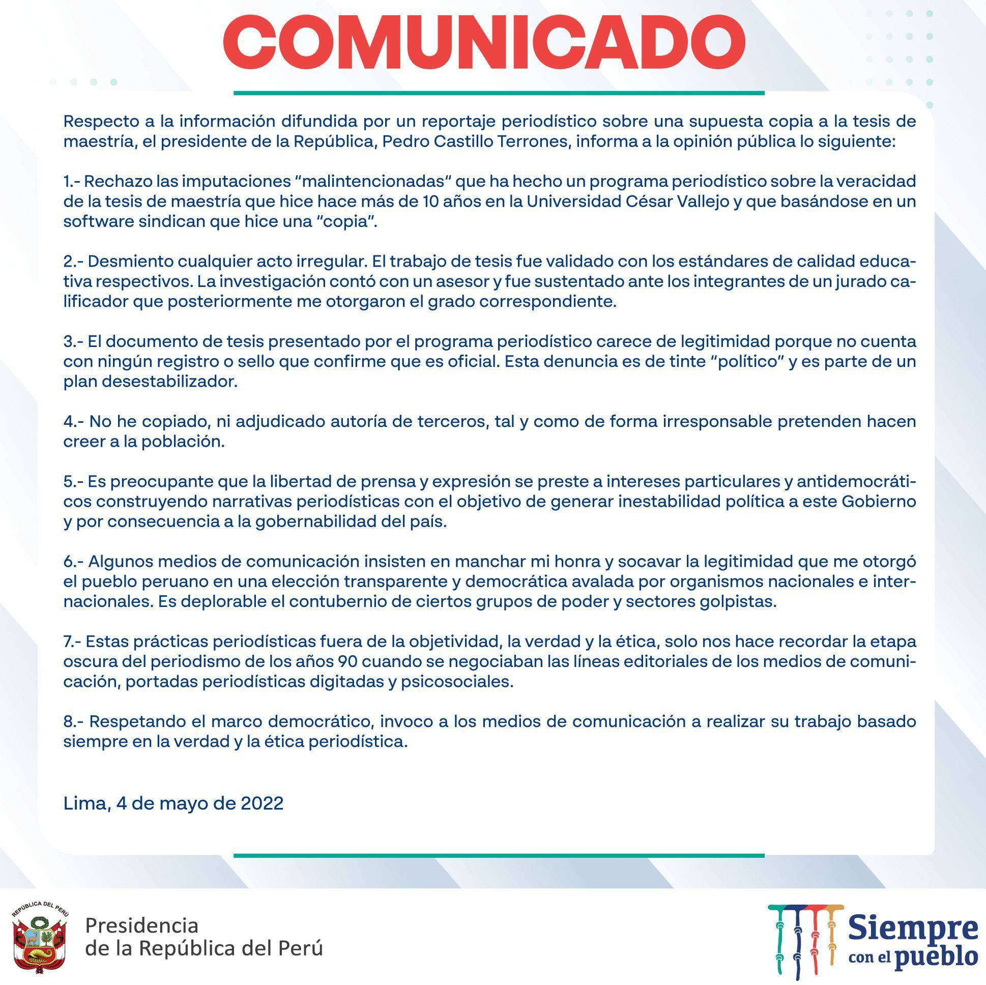 El comunicado del presidente Pedro Castillo no se refiere concretamente a un hecho grave: las irregularidades en los profesionales que validaron los instrumentos de investigación para su tesis de maestría en la UCV.