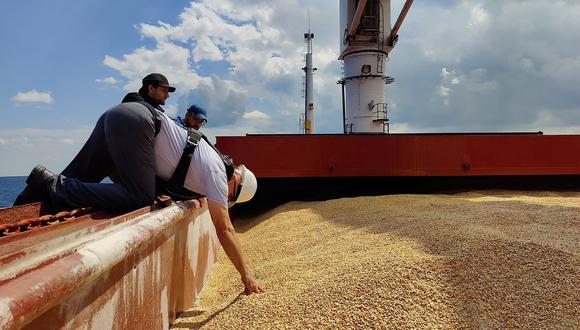 Un miembro de la delegación de inspección revisa el buque de carga con bandera de Sierra Leona Razoni que transporta 26,000 toneladas de maíz de Ucrania, frente a la costa del noroeste de Estambul. (Foto: Turkish Defence Ministry / AFP)