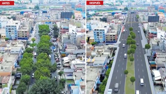 A la izquierda, la avenida Benavides antes del proyecto con una berma central y laterales arbolados. A la derecha, modelo 3D de cómo quedará la vía. (Captura de video)