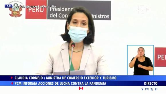 La ministra Claudia Cornejo se dirigió a la población esta tarde junto con el ministro de Cultura, Alejandro Neyra. (Captura de imagen: TVPerú)