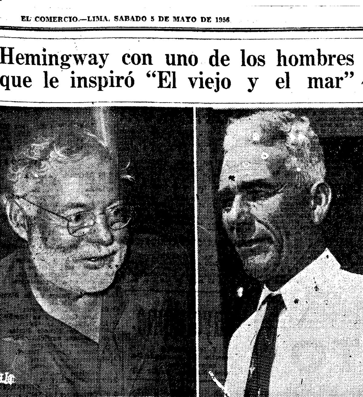 Hemingway confirmó el dato de El Comercio de que una de las personas que le inspiró para el protagonista de "El viejo y el mar" fue un pescador cubano, Gregorio Fuentes. Justamente, a su costado en esta foto. (Foto: GEC Archivo Histórico)        