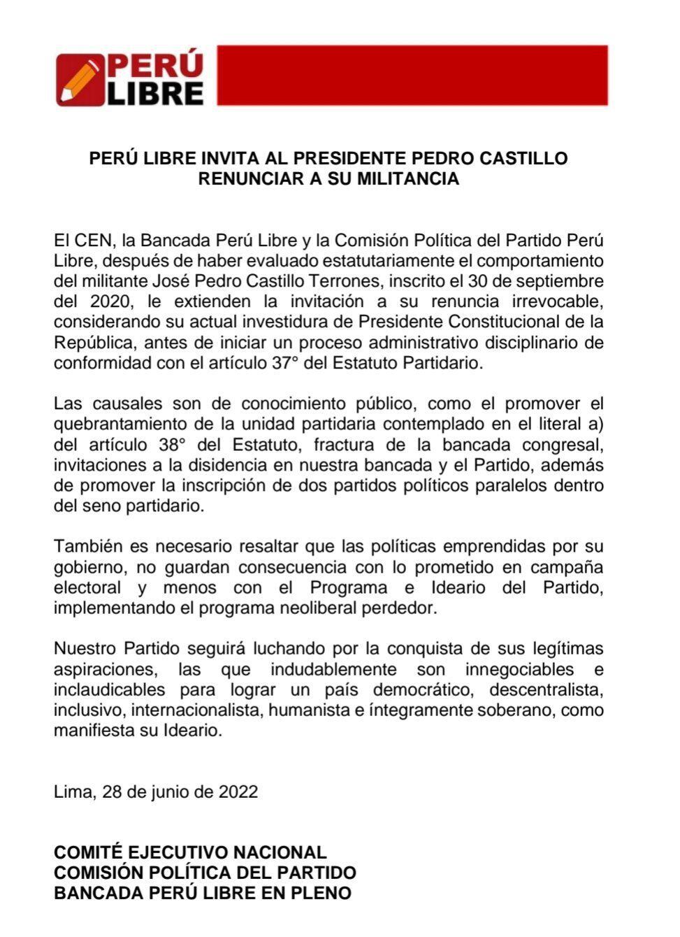El pronunciamiento del partido Perú Libre.