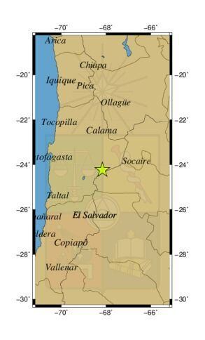 Referencia geográfica del sismo a 77 km al S de Socaire.