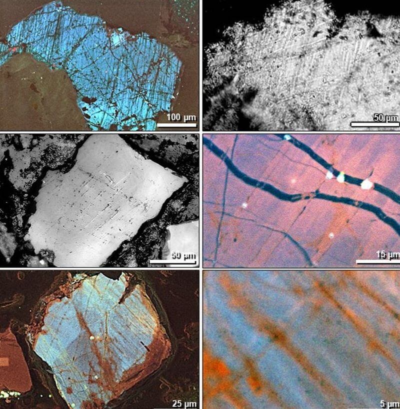 Electron microscope images of numerous small cracks in impacted quartz grains.  Allen West, CC BY-ND.