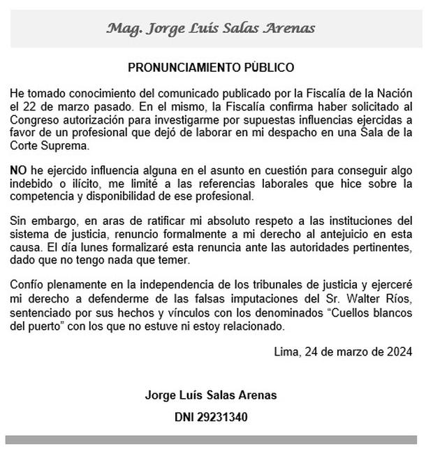 Comunicado del presidente de la JNE, Jorge Luis Salas Arenas. Fuente: Twitter