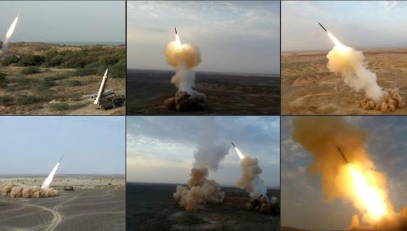 Esta combinación de capturas de imágenes de imágenes muestran misiles balísticos lanzados por el Cuerpo de la Guardia Revolucionaria de Irán (IRGC) durante el último día de ejercicios militares cerca de las sensibles aguas del Golfo. (AFP).