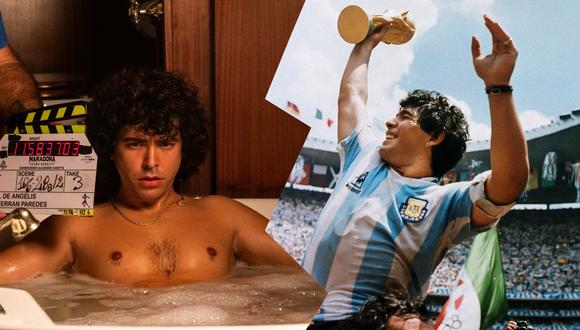 (Izquierda) Maradona, interpretado por Nazareno Casero (Derecha) El astro argentino en el Mundial México 86, levantando la Copa de campeón del mundo.