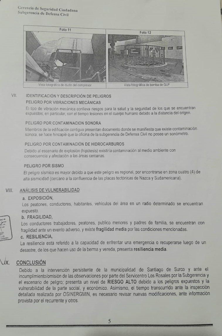 Riesgos identificados por la subgerencia de Defensa Civil, que concluye que el grifo representa un 'RIESGO ALTO'. Foto: Fuentes de El Comercio.
