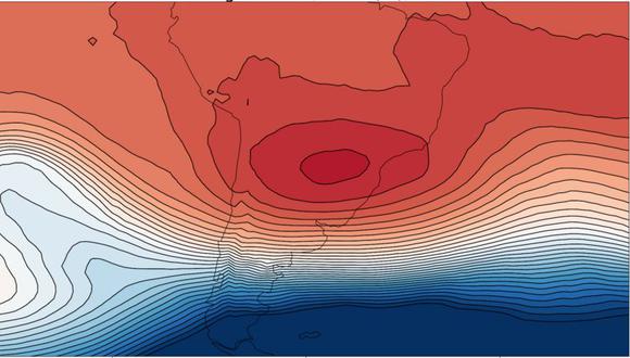 El anticiclón de bloqueo que está provocando la ola de calor entre Chile y Argentina. GFS analysis data. (MATTHEW PATTERSON).