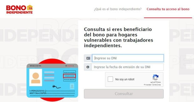 Esta es la página de inicio de Bono Independientes (Foto: Ministerio de Trabajo)