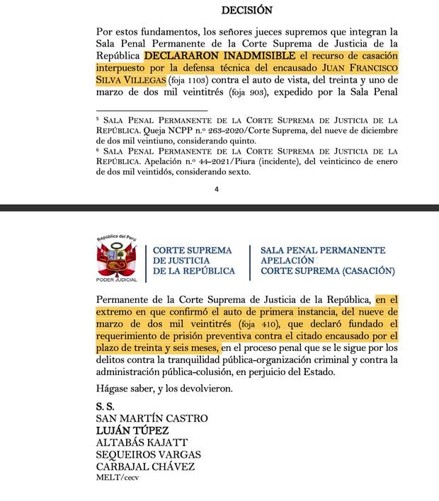 Corte Suprema rechaza casación y reafirma prisión preventiva contra exministro Juan Silva.