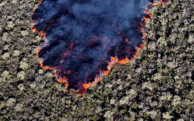 Aerial view of lava expelled by Wolf Volcano after it erupted for the second time in seven years on Isabela Island in the Galapagos Islands in the Pacific Ocean, 900 km off the Ecuadorian coast.  (Photo: GALAPAGOS NATIONAL PARK / AFP).