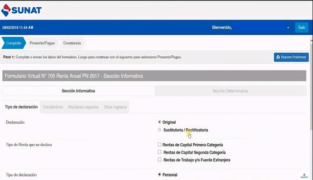 Para realizar su declaración, primero deberá ingresar toda la información solicitada en la sección informativa del Formulario Virtual N°705 Renta Anual 2017. Luego realizará un procedimiento similar en la sección determinativa de dicho documento virtual, donde deberá señalar los ingresos que obtuvo por su actividad profesional en quinta o cuarta categoría. (Foto: El Comercio)