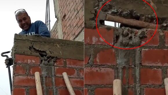 Albañil se ríe al ver el martillo insertado en la construcción. (Imagen: @erpanchoperez / TikTok)
