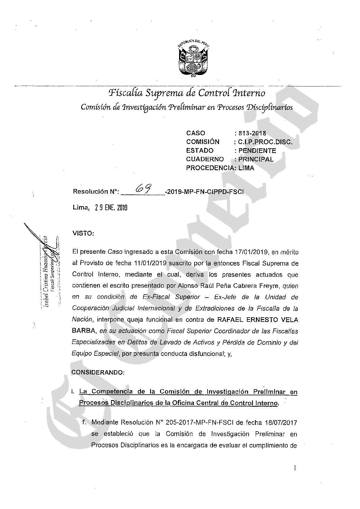 Resolución con el inicio de la investigación preliminar contra el fiscal Rafael Vela.