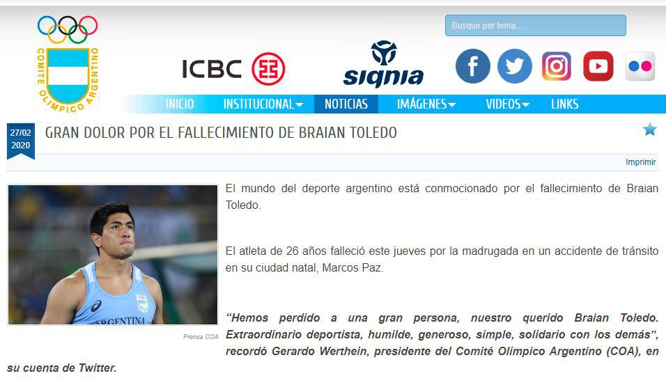 El comunicado del Comité Olímpico de Argentina tras la muerte de Braian Toledo.