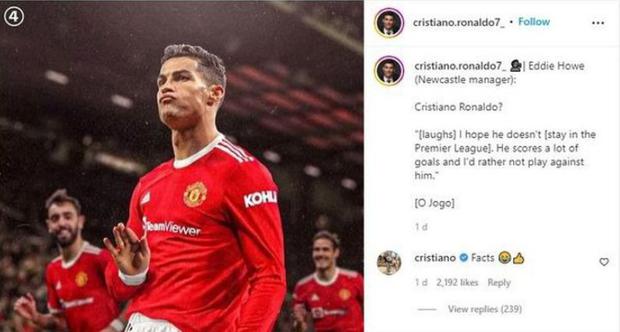 Cristiano Ronaldo respondió otra publicación en redes sociales. (Foto: Instagram)