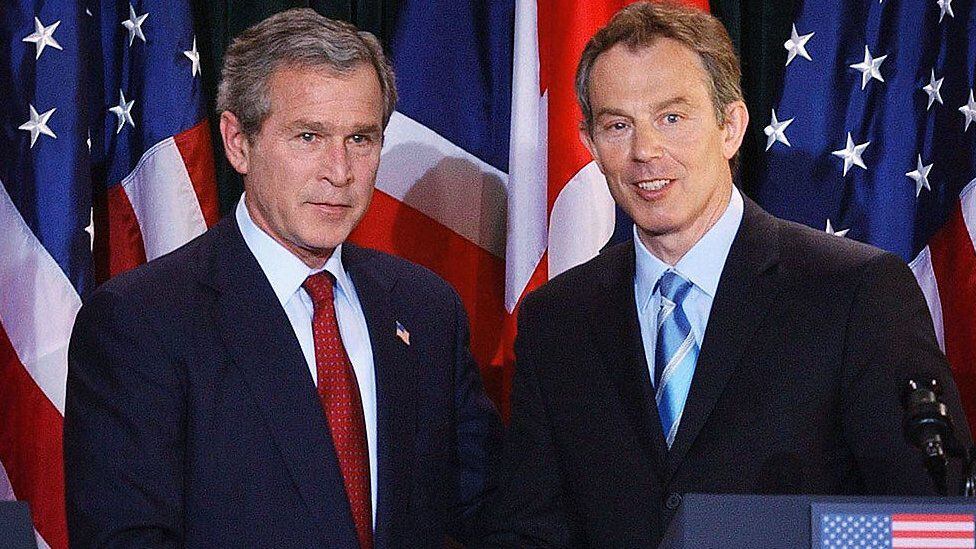 The then leaders of the United States and the United Kingdom, George W. Bush and Tony Blair.  (GETTY IMAGES).
