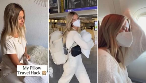 Esta imagen muestra a la joven utilizando una funda de almohada para llevar equipaje extra en un vuelo. (Foto: @mariefeandjakesnow / Instagram)