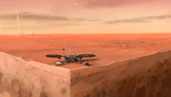 Representación del módulo de aterrizaje InSight de la NASA en Marte. S e pueden ver capas del subsuelo del planeta debajo. (Imagen: IPGP / Nicolas Sarter)