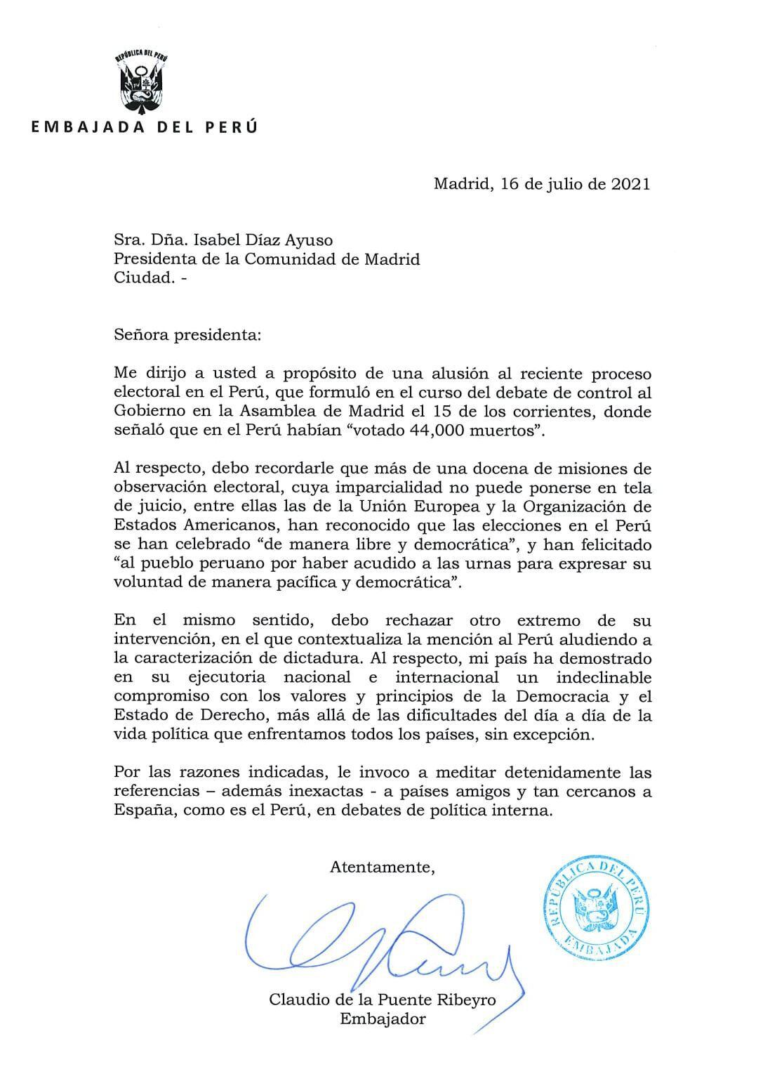 Las afirmaciones de Isabel Díaz Ayuso fueron respondidas por la Embajada de Perú y la ONPE.
