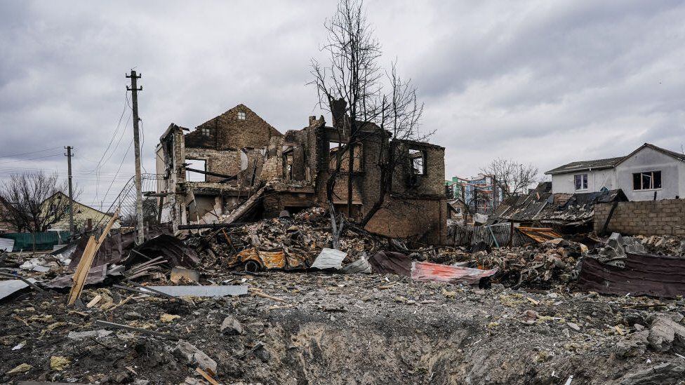 Only a few walls have been left standing in this house in Irpin, after the attack by Russian forces.  (GETTY IMAGES).