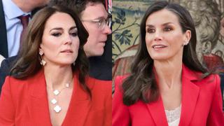 Kate Middleton lleva un traje de color rojo vibrante, el favorito de la reina Letizia