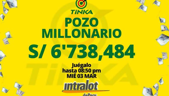Este miércoles 3 de marzo se realizará un nuevo sorteo de la Tinka con un pozo millonario de más de 6,7 millones de soles | Imagen: Facebook / TINKA