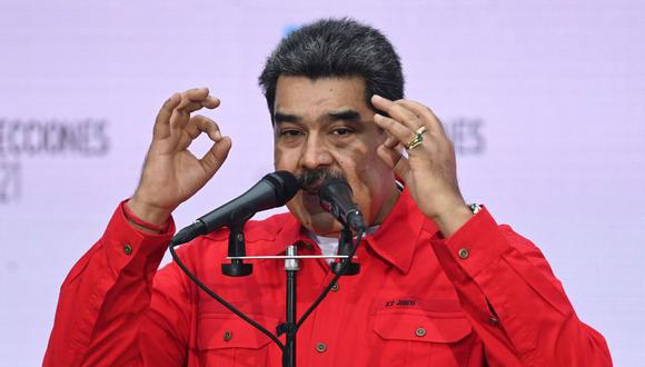En esta foto del 21 de noviembre de 2021, el presidente de Venezuela, Nicolás Maduro habla durante una conferencia de prensa. (YURI CORTEZ / AFP).