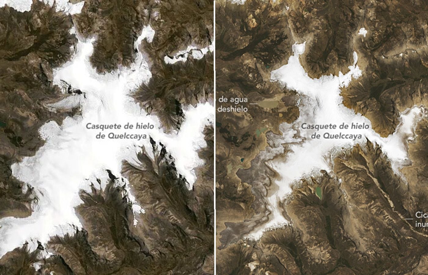 Así se ve el cambio que ha tenido uno de los más importantes glaciares del Perú. (Foto: nasa.gov)