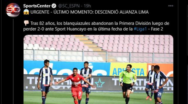 Alianza Lima descendió a Segunda División - prensa internacional. (Foto: captura de pantalla)