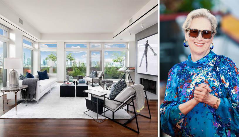 Meryl Streep está vendiendo su lujoso penthouse en Nueva York. El salón se completa con una chimenea de leña y ventanas de piso a techo. (Foto: Realtor)
