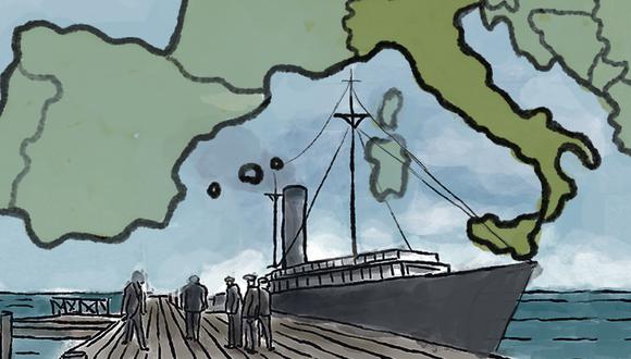 “Nuestros compatriotas viajarán en el vapor Eten y tendrán oportunidad de conocer Génova, Milán, Turín, Venecia, Roma, Nápoles y las legendarias ruinas de Pompeya”. (Ilustración: Víctor Aguilar Rúa).