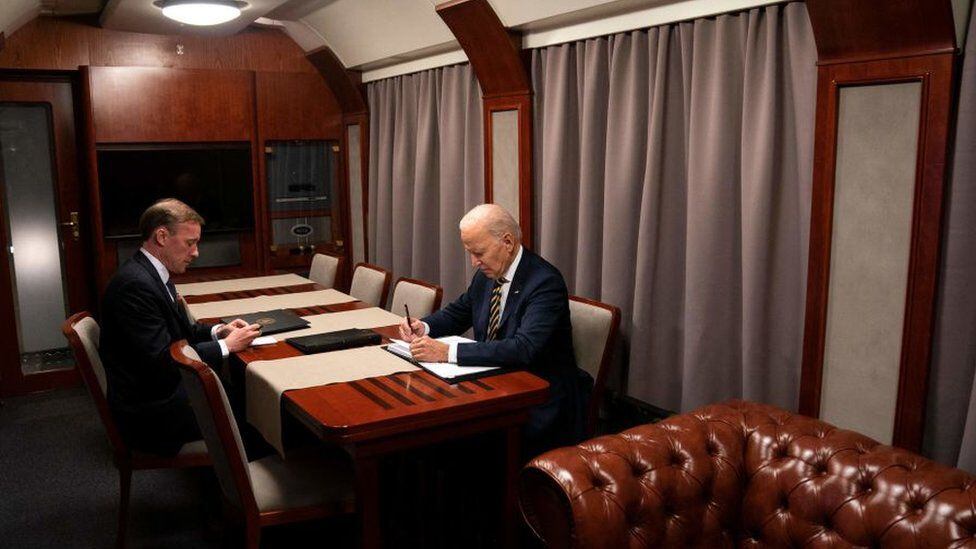 President Joe Biden sitting on the train with his security adviser Jake Sullivan.  (GETTY IMAGES)