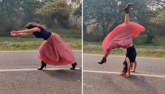 Parul Arora sorprendió a propios y extraños al realizar una gran pirueta usando falda y tacones. | Créditos: @parul_cutearora / Instagram.