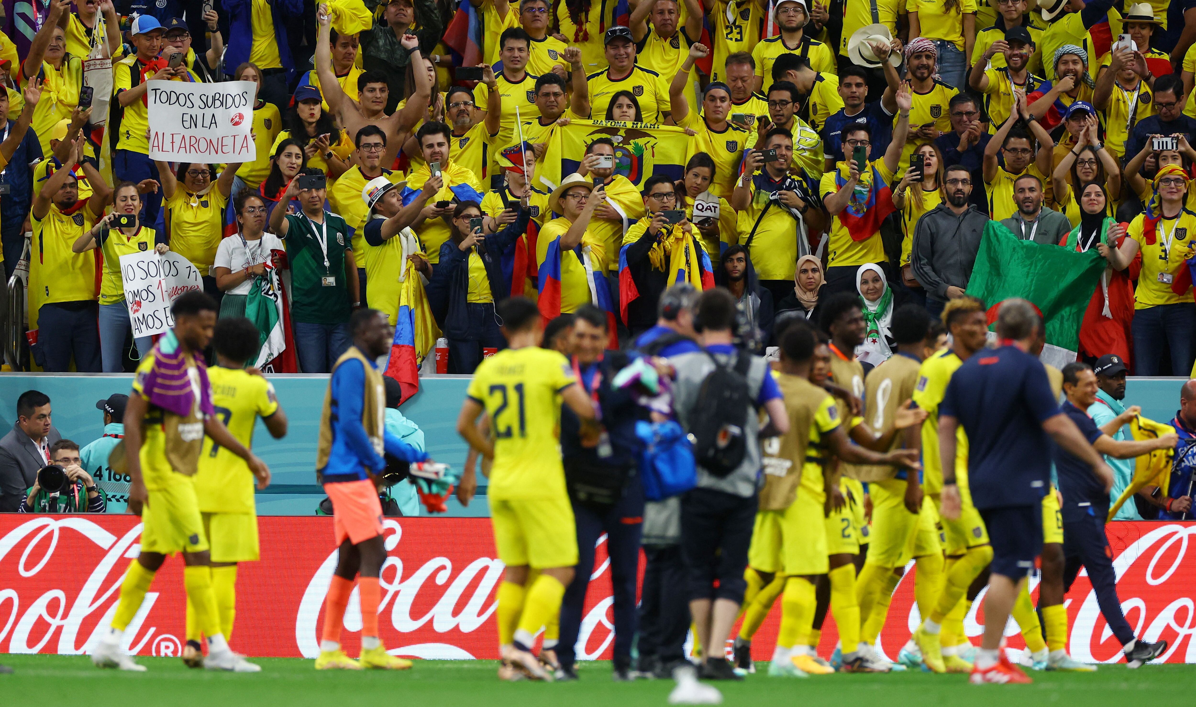 Los jugadores y aficionados de Ecuador celebran después del partido. REUTERS/Kai Pfaffenbach
