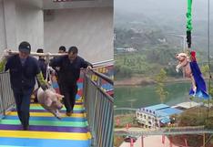 China: Obligan a un cerdo vivo a hacer ‘puenting’ desde una plataforma de 70 metros de altura
