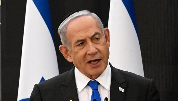 El primer ministro israelí, Benjamin Netanyahu, pronuncia un discurso durante una ceremonia, en el Memorial Yad LaBanim en Jerusalén, el 12 de mayo de 2024. (Foto de DEBBIE HILL / POOL / AFP)