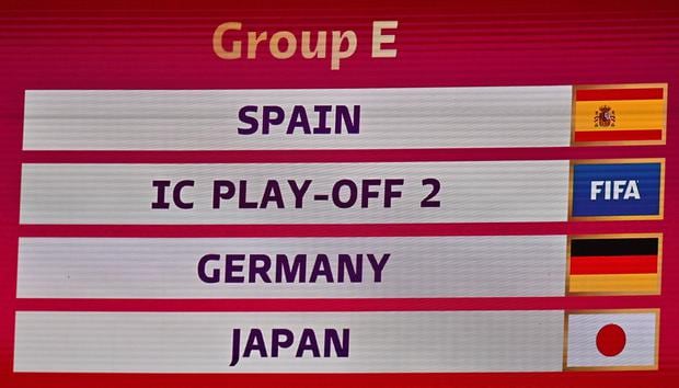 Doha (Qatar), 04/01/2022.- An electronic panel shows the draw of group E with Spain, Costa Rica/New Zealand, Germany, and Japan during the main draw for the FIFA World Cup 2022 in Doha, Qatar, 01 April 2022. (World Cup, Germany, Japan, New Zealand, Spain, Qatar) EFE/EPA/NOUSHAD THEKKAYIL

